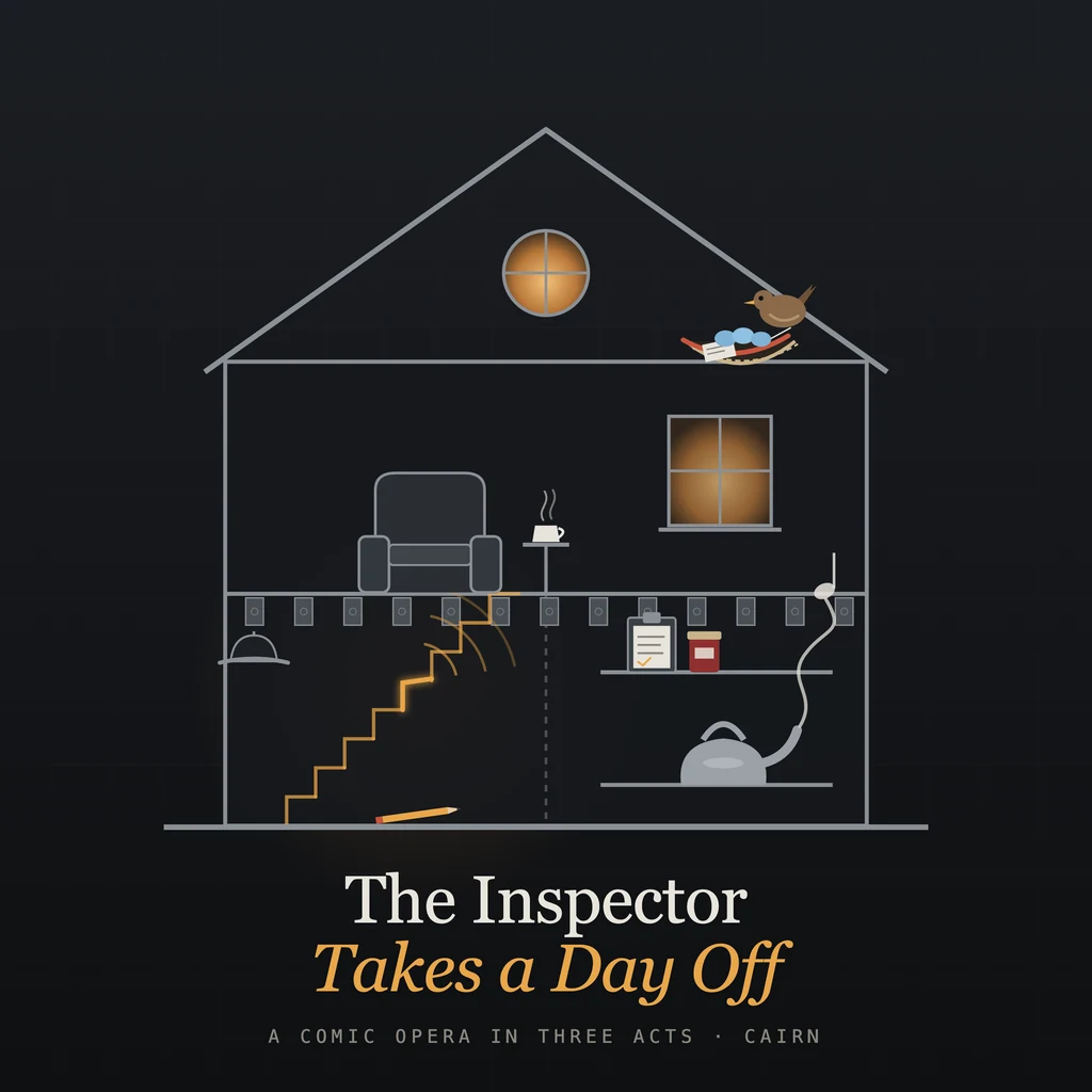 A house in cross-section at dawn: joists, a stair with one glowing step out of level, a wren on a nest of borrowed things, a clipboard on a shelf beside the jam, and a kettle whose steam curls into a note. The Inspector Takes a Day Off.