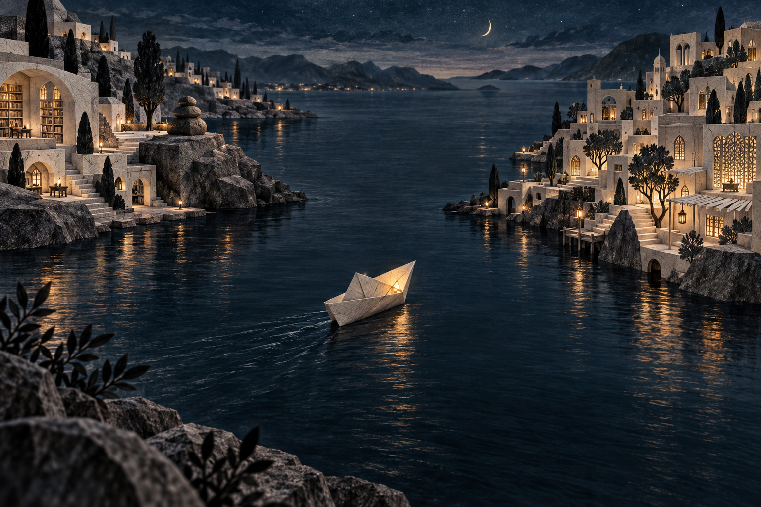 A luminous letter folded into a paper boat travels across dark water between two lit cities.