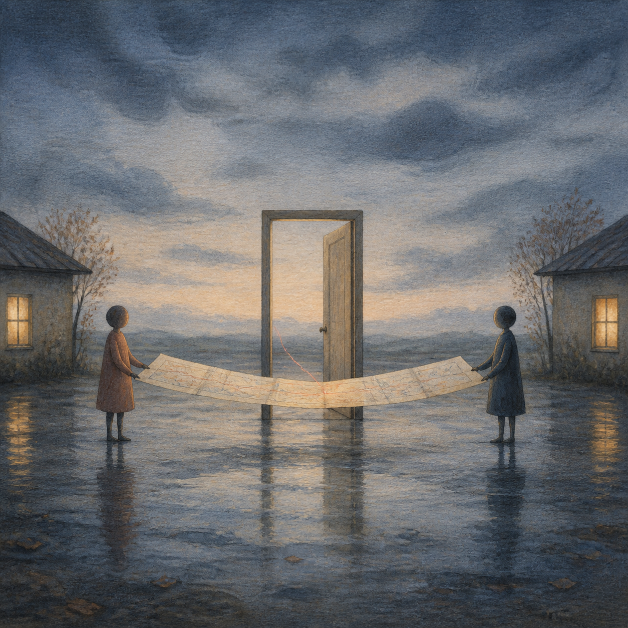 Two figures hold a shared map across a rain-dark landscape. Between them, an open doorway stands beneath a clearing sky.