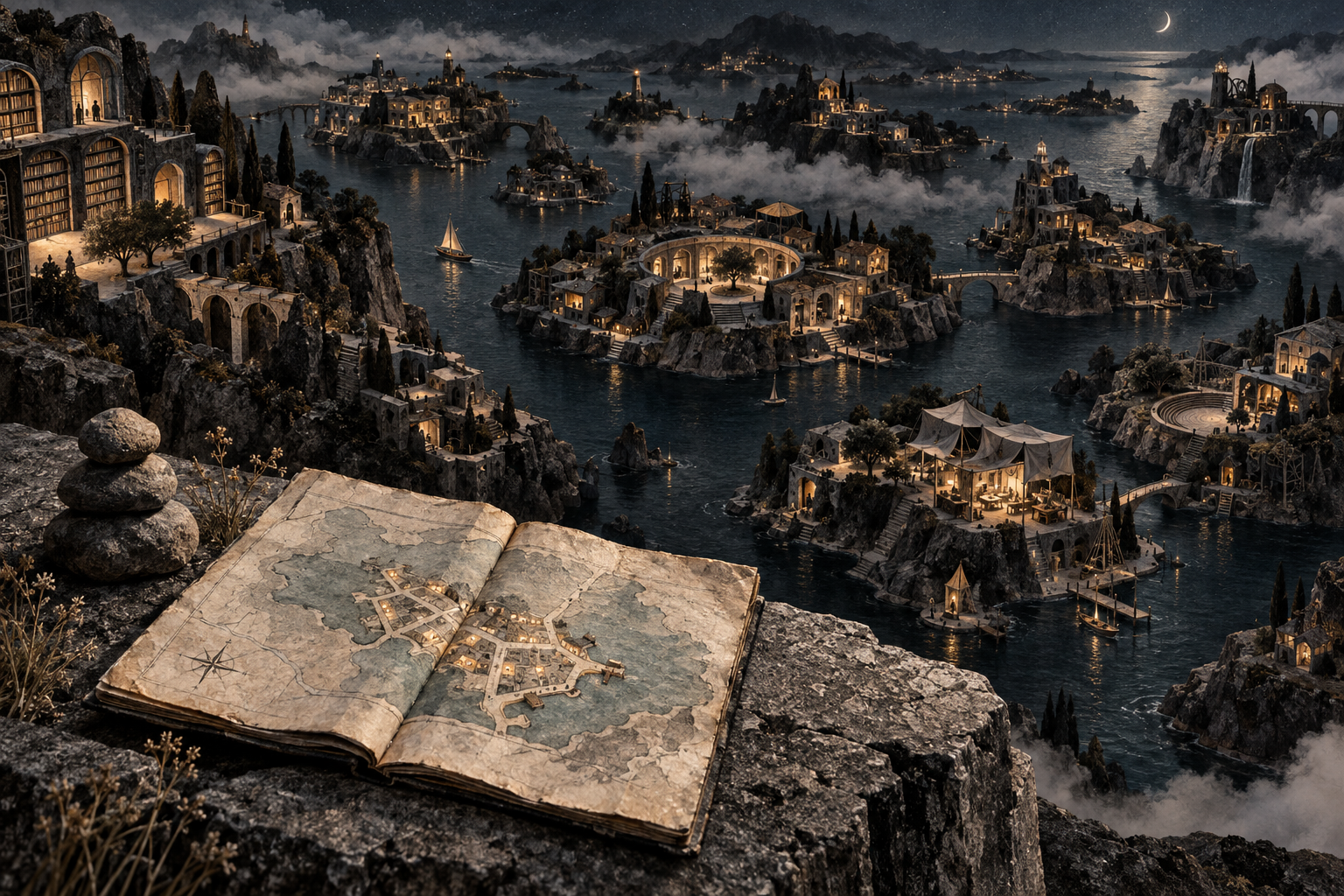 An open atlas overlooks an archipelago of illuminated cities extending far beyond its pages.